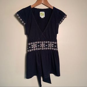 Anthropologie Cap Sleeve Embroidered Top with Tie